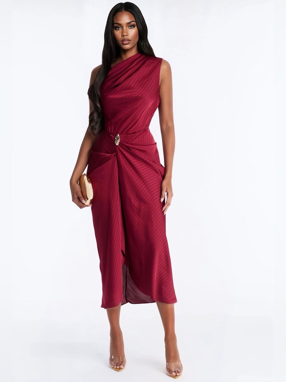 Asymmetric Burgundy Midi Dress with Twist Accent